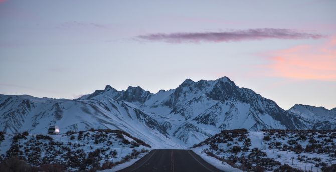 Clean sky, sunset, mountains, road wallpaper