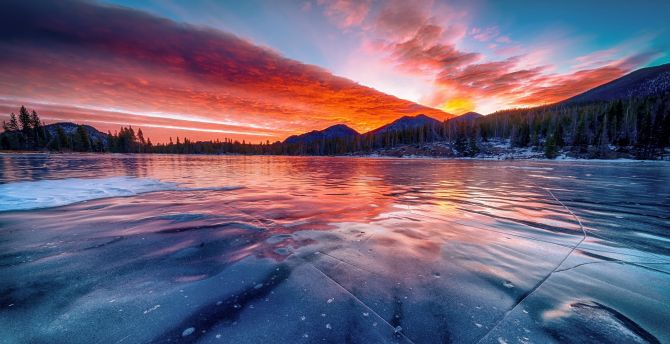 Frozen lake, sunset, winter, skyline, nature wallpaper