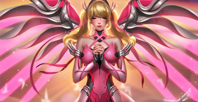 Pink costume, mercy, overwatch, art wallpaper