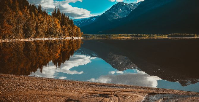 Lake, nature, trees, mountains, reflections, forest wallpaper