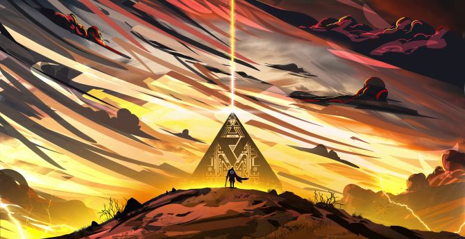 The traveler at pyramid, fantasy, artwork wallpaper