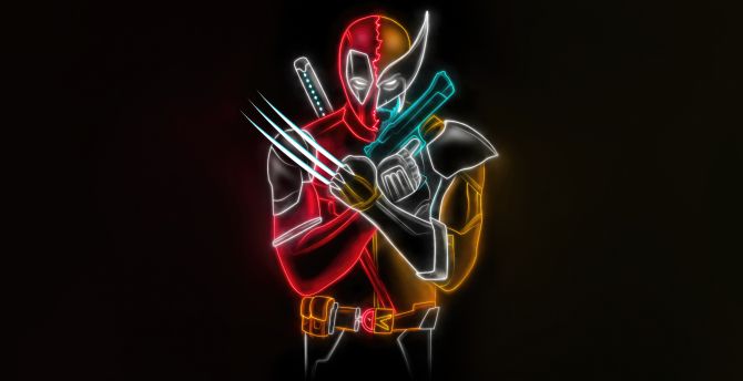Deadpool and wolverine, face-off, neon art wallpaper