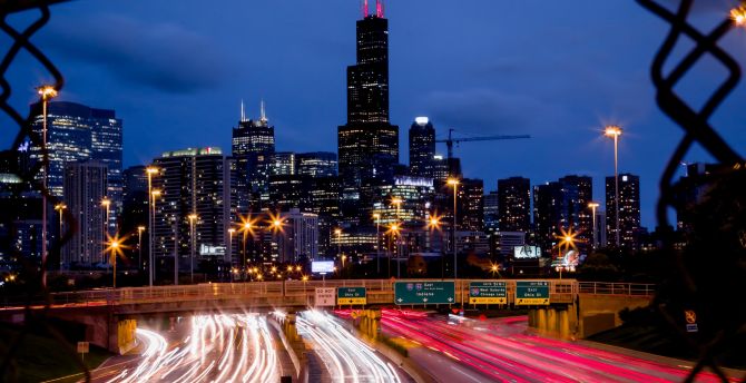 Cityscape, night, highway, buildings wallpaper