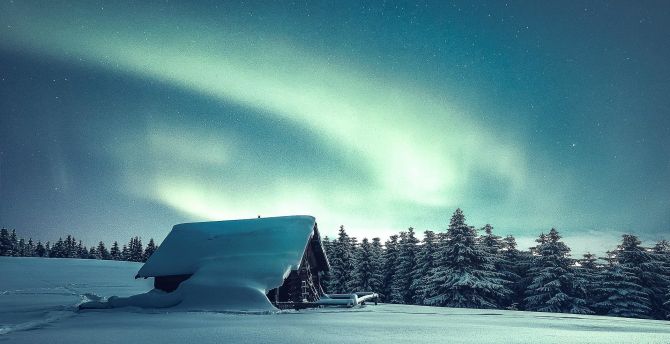 Winter, hut, landscape, northern lights wallpaper