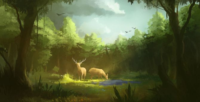 Deer, grazing, fantasy, artwork wallpaper