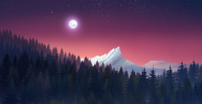 Night with nature, mountains and beautiful sky, minimal art wallpaper