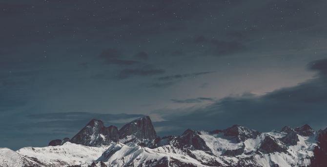 Snow mountains, night, starry sky wallpaper