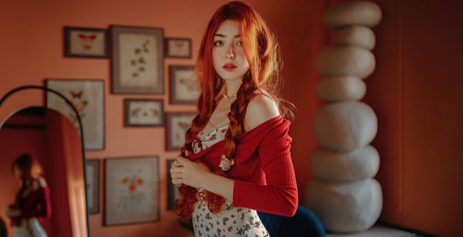 Redhead girl, model, cute pony tails wallpaper