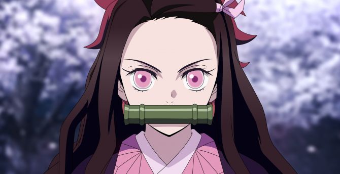 Angry Kamado Nezuko, pink eyes, anime girl wallpaper