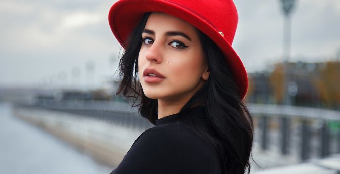Girl model, beautiful, long hair, red hat wallpaper