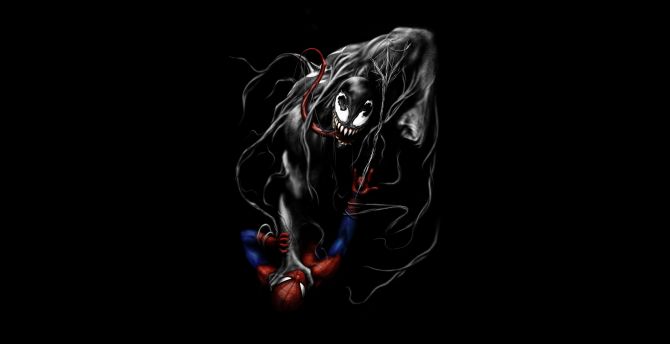Venom and spider-man, fight, black and dark, minimal, art wallpaper