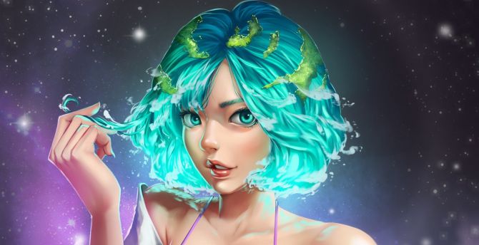 Blue, short hair, anime girl, digital art wallpaper