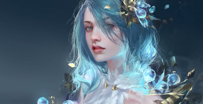 Pretty woman with blue hair, fantasy wallpaper