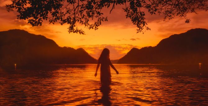 Lake, sunset, outdoor, silhouette, girl wallpaper