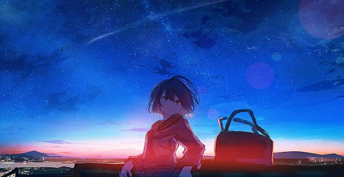 Schoolgirl, anime, sunset, outdoor wallpaper