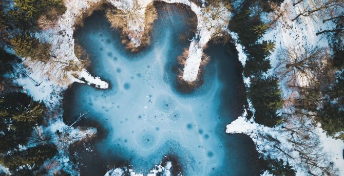 Pond, lake, winter, snow, aerial view wallpaper