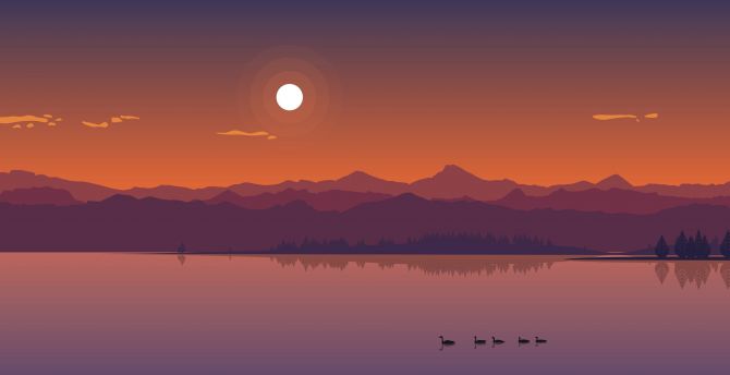 Lake, sunset, mountains, silhouette, minimal wallpaper