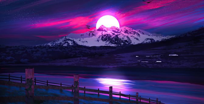lake, woonden fence, mountains, landscape, sunset, neon art wallpaper