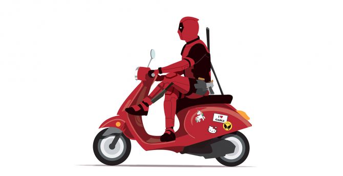 Marvel, Deadpool on scooter, minimal, superhero, funny, art wallpaper