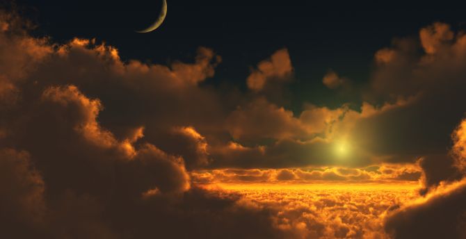 Sunset, clouds, moon, sky, digital, render wallpaper