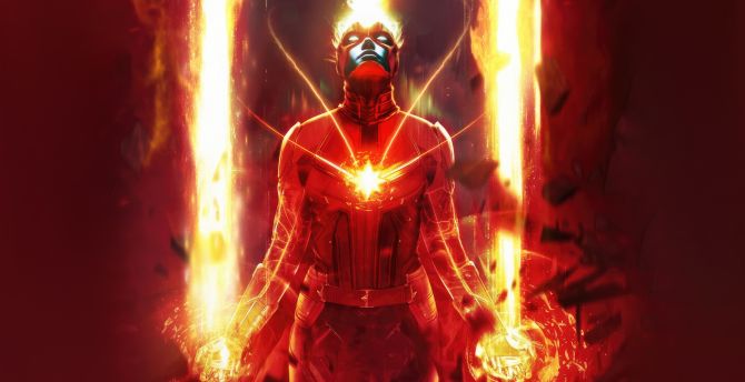 Captain Marvel on Red Fire, superhero, artwork wallpaper