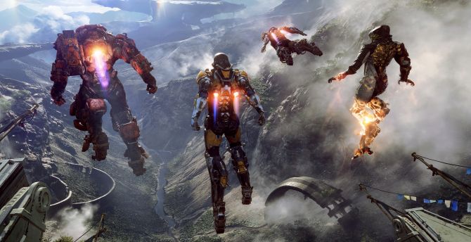 Anthem, video game, soldiers, flight above valley, 2018 wallpaper