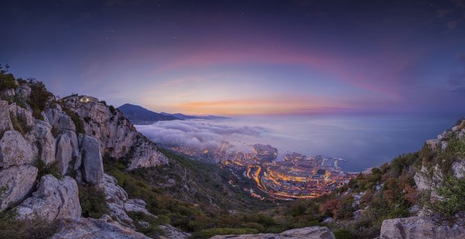 Valley, Monaco city, aerial view, sunrise, foggy cityscape, city lights wallpaper