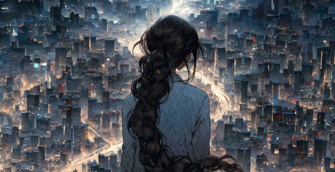 Watching the city at night, cityscape, long hair girl wallpaper
