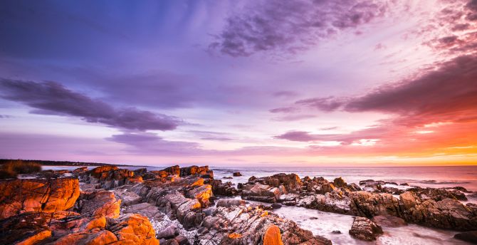 Bay of Fires, coastal rocks, rocky shore, sunset, nature wallpaper