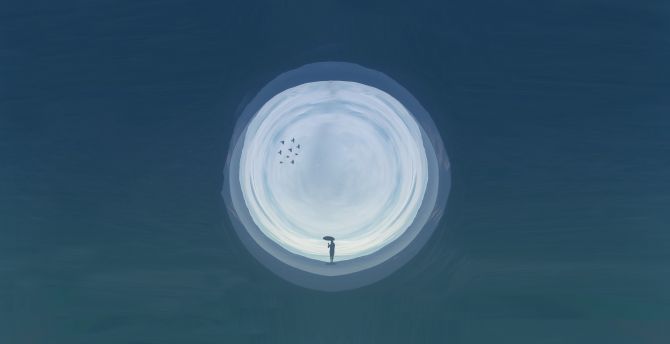 Digital art, man with umbrella, circle wallpaper