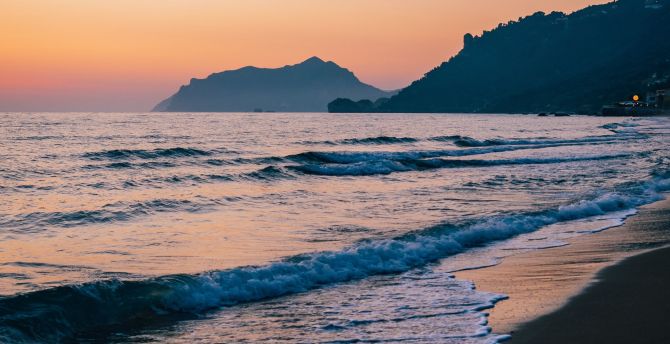 Gorfu, beach, dawn, Greece, sea waves wallpaper