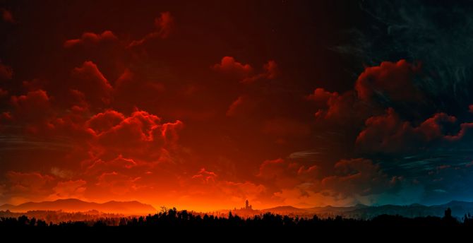 Clouds, sunset, sky, The Witcher 3: Wild Hunt wallpaper