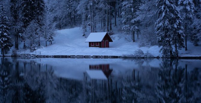 Winter, lake, house, evening, nature wallpaper