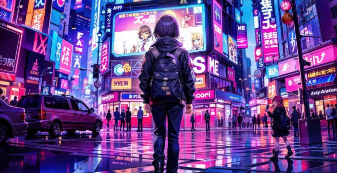 Girl in the middle of City, art wallpaper