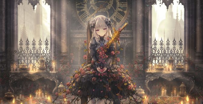 Girl and rose flowers, anime, original wallpaper