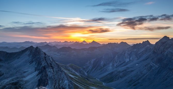 Wallpaper sunset, horizon, mountains, valley desktop wallpaper, hd ...