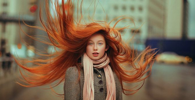 Redhead, hair in air, gorgeous, girl model wallpaper