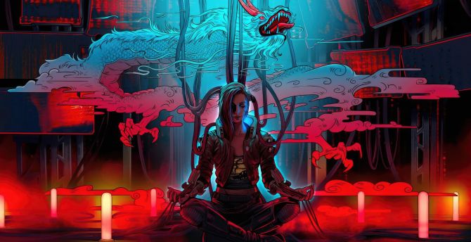 Cyberpunk 2077, girl cyborg, recharging self, meditation wallpaper