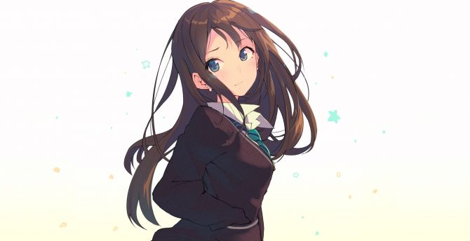 Anime, cute, school girl, long hair, blue eyes, art wallpaper
