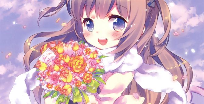 Anime girl, cute, flowers, bouquet wallpaper