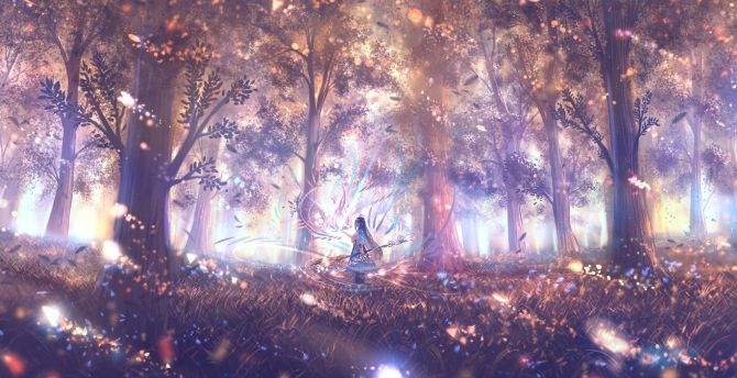 Forest, anime girl, outdoor wallpaper