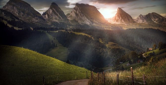 Road, swiss mountains, nature, sunbeams, forest wallpaper
