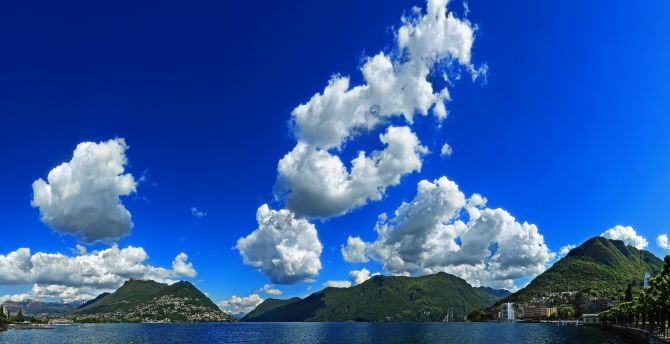 White clouds, blue sky, mountains, sea, nature wallpaper
