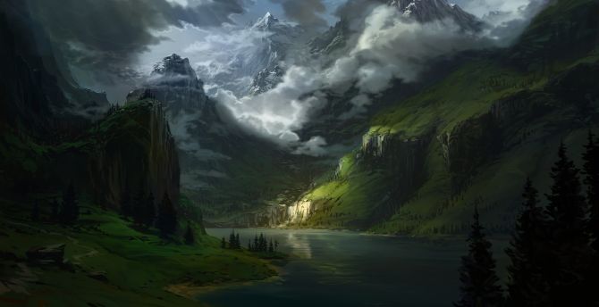 Fantasy. nature, river, mountains wallpaper