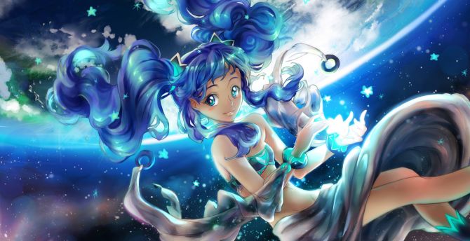 Moon light, blue hair, anime girl, dive, artwork wallpaper
