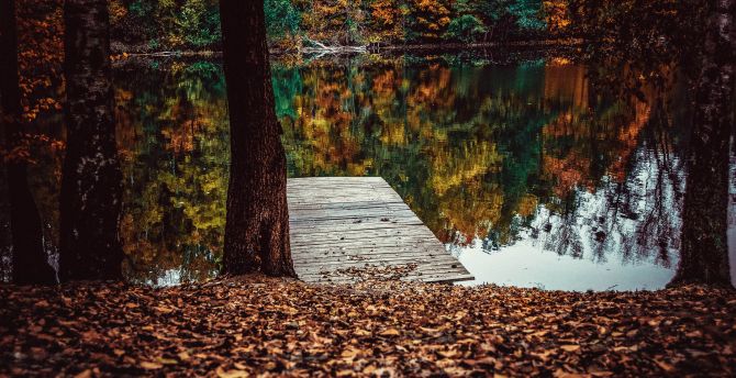 Pier, lake, fall, leaves, autumn, lake, reflections wallpaper
