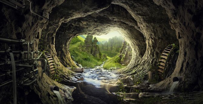 Heaven, tunnel, cave, river, water current wallpaper