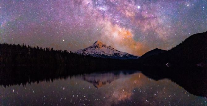 Night, starry sky, mountain peak, reflections wallpaper