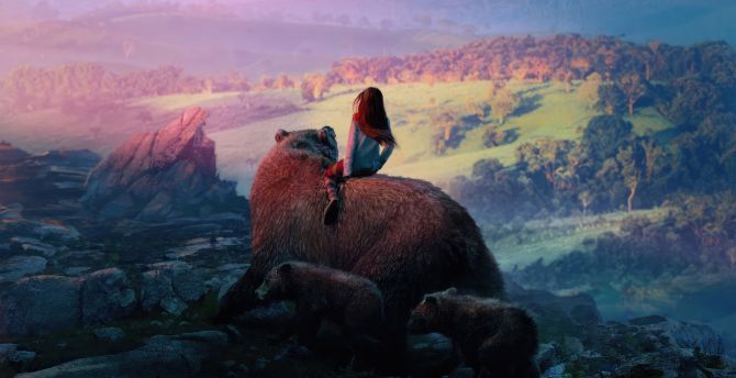 The bear ride, girl and beasts, fantasy art wallpaper