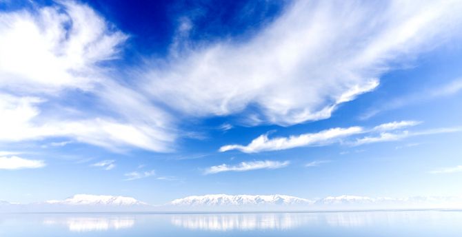 Mountains, sky, white clouds, lake, reflections wallpaper